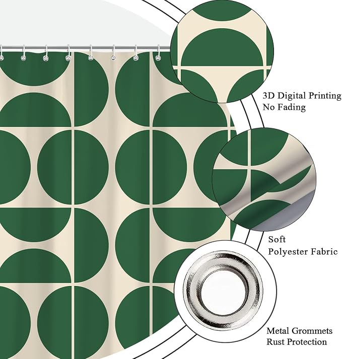 Green Mid Century Modern Shower Curtain, Boho Abstract Geometric Retro Art Bath Curtains for Bathroom, Colorful Unique Pattern Waterproof Polyester Fabric Bathroom Set 12 Hooks 36X72IN