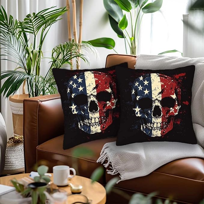 Patriotic Skull Throw Pillow Covers 18x18 Set of 2 | Decorative Cushion Cases for Couch, Sofa and Bedroom | Rustic Americana Home Decor for Living Room, Man Cave