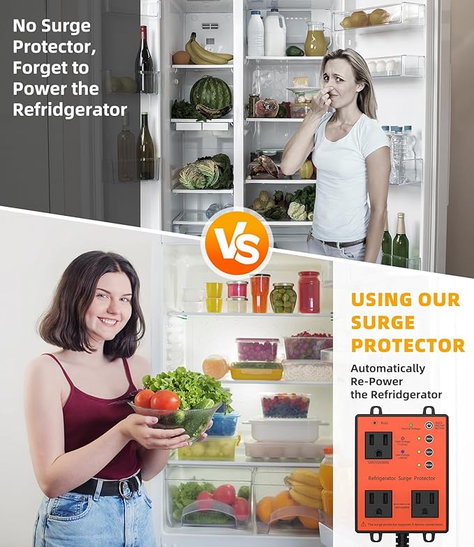 Refrigerator Surge Protector, 3-Outlet 120V for Home Appliance Surge Protector, Time Delay, LED Indicator Light & 110dB Alarm, Protects Against Voltage Abnormalities, Brownout, Spike, Instant Surge