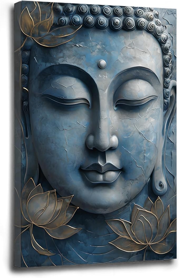 Canvas wall art Golden lotus crown Serene Buddha poster Ethereal blue toned art with delicate floral decor Zen wall art for a tranquil meditation space 12x18in Wood Framed