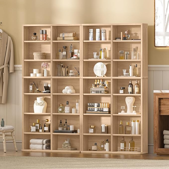 LELELINKY 7 Tier Tall Display Cabinet, Natural Media Storage Cabinet with Adjustable Shelves, Free Standing DVD Organizer Shelf, Floor multimedia storage manga bookshelf for Living Room & Home Office.