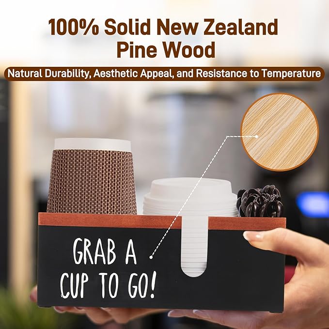 Intarsio 100% Wooden Coffee Cups Holder with U-Shape Cutout Design for Countertop-Coffee Bar Organizer for Cups, Lids, Pods, Stirrers, and Accessories, Great Gift for Home or Office