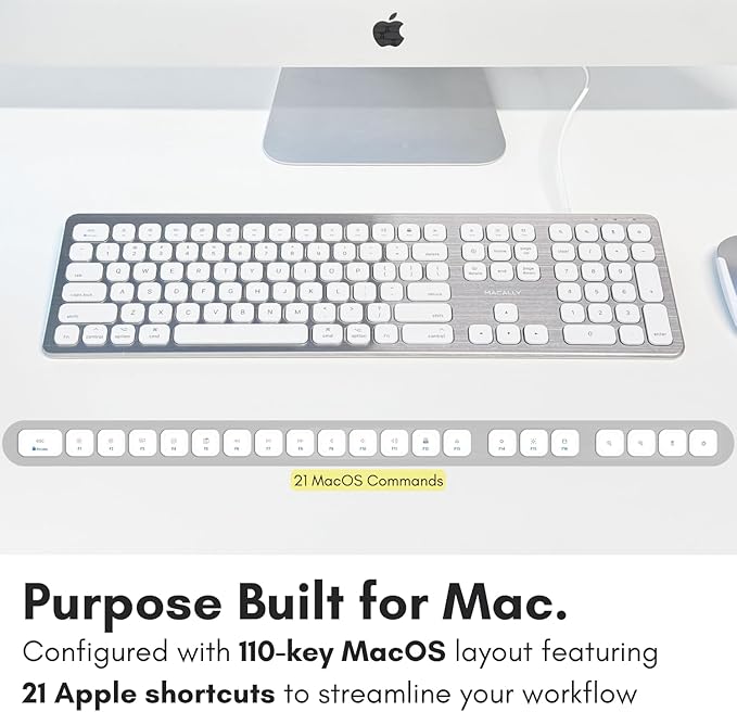 Macally Wired Keyboard for Mac with USB Ports for Mouse - Compatible Apple Keyboard for MacBook Pro/Air, iMac - Aluminum Frame