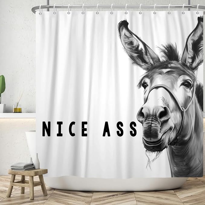 Funny Donkey Shower Curtains Joke Hilarious Animal Bathroom Curtain Rustic Farmhouse Cute Donkey White Shower Curtain Sets for Bathroom Extra Long 66x72 in with 12 Hooks