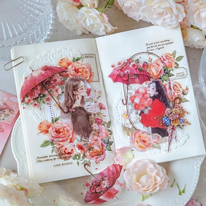 Dwpetzo 120Pcs Aesthetic Scrapbook Stickers for Scrapbooking, 6 Assorted Set Watercolor Umbrella Floral Decorative PET Stickers for Journaling, Junk Journal Supplies, Bujo, Collage, Craft Arts