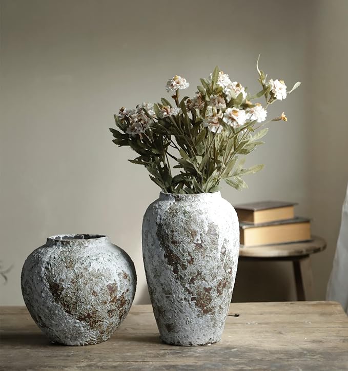 Rustic Ceramic Circular Flower Vase, Vintage Floor Tall Vases Farmhouse Decor for Living Room Entryway Table Centerpieces, Kitchen, Wedding Gift