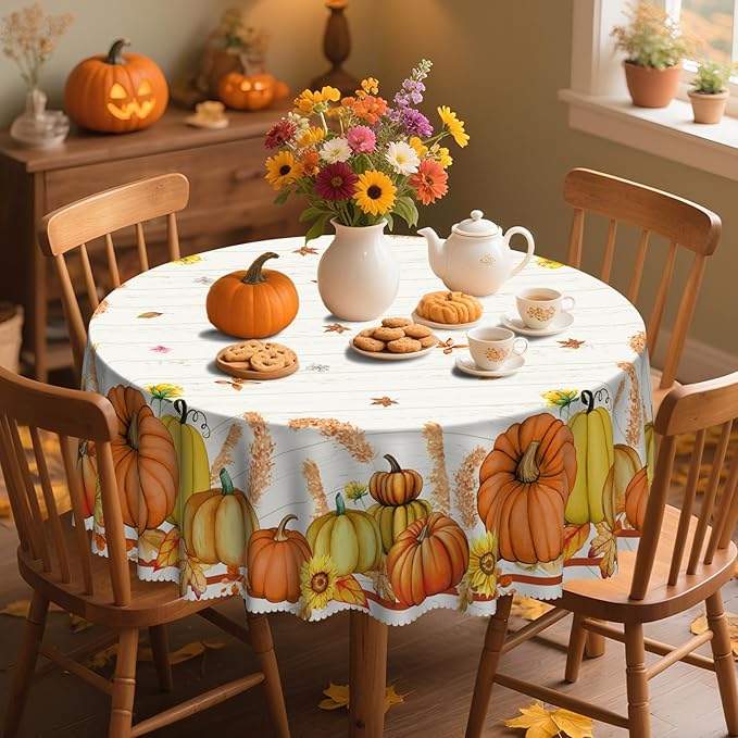 Eikione Round Thanksgiving Tablecloth, Round Fall Tablecloth 60 Inch, Pumpkin Table Cloth, Autumn Harvest for Christmas, Holiday, Birthday, Thanksgiving, Harvest