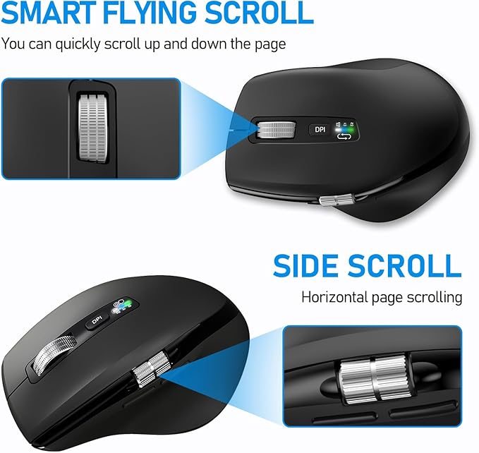 INFINMIND Wireless Bluetooth Side Scroll Mouse with Multi-Device, Ergonomic Computer Mice with Smart Flying Scroll, Quiet Click for Computer, Laptop, iPad, Tablet, MacBook (Black)