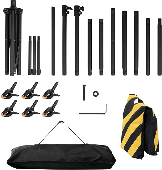 8x5ft T-Shape Backdrop Stand, Adjustable Background Support Stand Kit, Portable Photo Banner Holder with 6 Spring Clamps, Sandbag, Carry Bag for Party, Wedding, Photography and Decoration