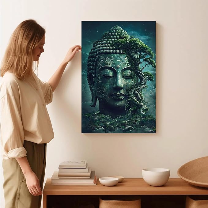 Buddha statue wall art canvas wall decor aesthetic picture mystical nature art for tranquil home and spiritual space 16x24in Wood Framed