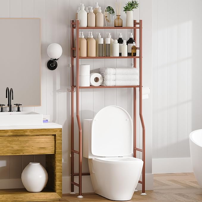3-Tier Over Toilet Storage with Anti-Tilt Safety System - 150lb Total Capacity Metal Bathroom Shelves Including Paper Holder & 4 Hooks, Space Saving Above Commode Organizer (64" H, Bronze)