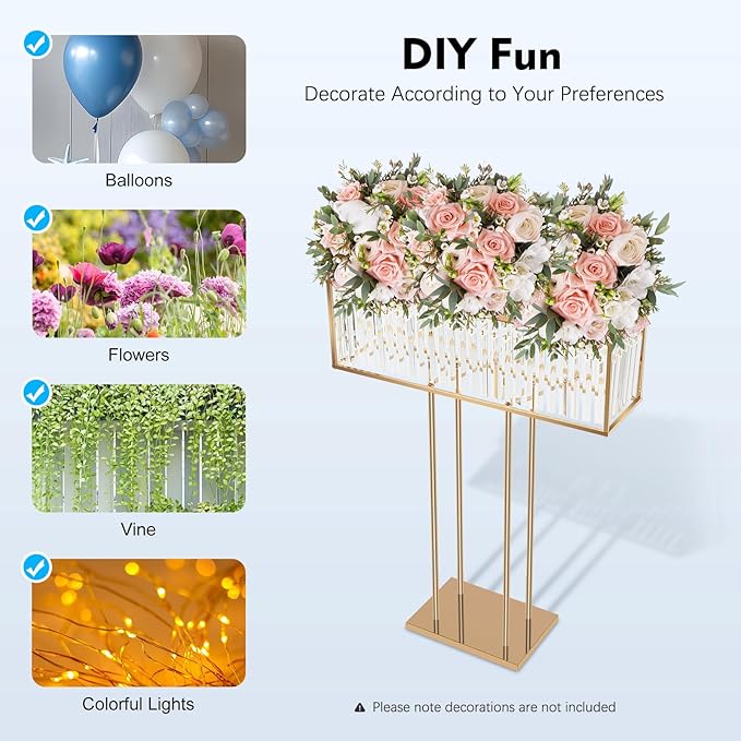 Metal Flower Floor Vase, Wedding Crystal Centerpiece Flower Stand, 35.43 inch Tall Gold Flower Holder, Square Gold Frame Flowers Stand for Party, Floral Arrangement Stand for Home Banquet