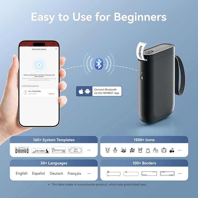 NIIMBOT Label Maker Machine D11 Label Printer Portable Wireless Connection Multiple Templates Available for Phone Easy to Use Office Home Organization USB Rechargeable
