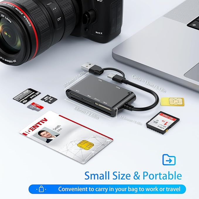 SIM Card Adapter, CAC Smart Card Reader Military, 6-in-1 USB C/USB A Multi-Card Adapter for SIM, CAC, ID, SD/TF, M2, Memory Stick – Compatible with Windows, Mac, Linux (USB A + USB C)