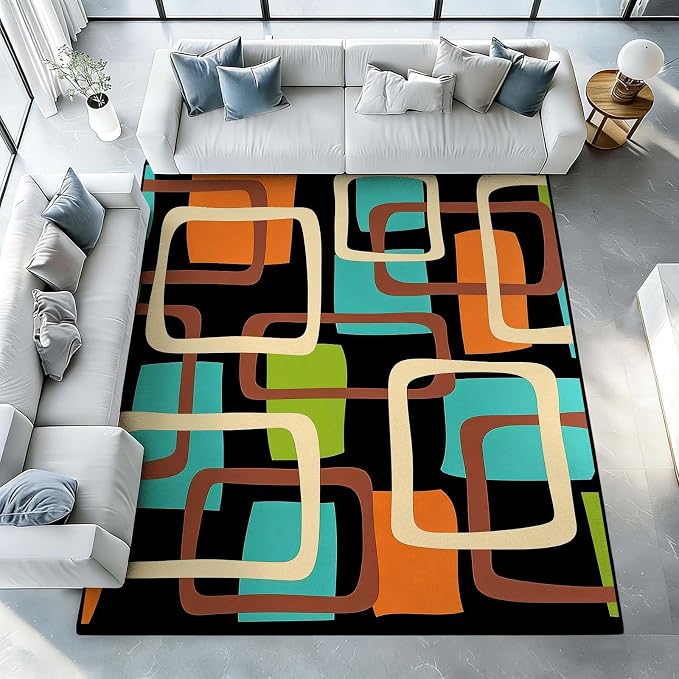 Mid Century Modern Rug, Colorful Abstract Geometric Area Rug, Retro Atomic Starburst Rugs, Washable Non-Slip Soft Low Pile 1950s Carpet for Living Room, Bedroom (6' x 8'(Rectangular))
