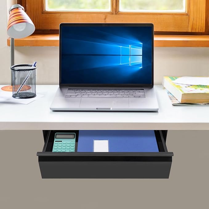 LEYSRIS 17.7" Lx9 W Under Desk Storage Drawer, Black Sliding Pull-Out Drawer for Sit Stand Workstation