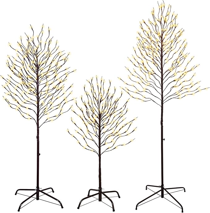 3ft & 5ft & 6ft Twinkling Twig Trees Set, with Warm White Lights, Indoor Outdoor Christmas & Wedding Decor(3 Sizes Pack)