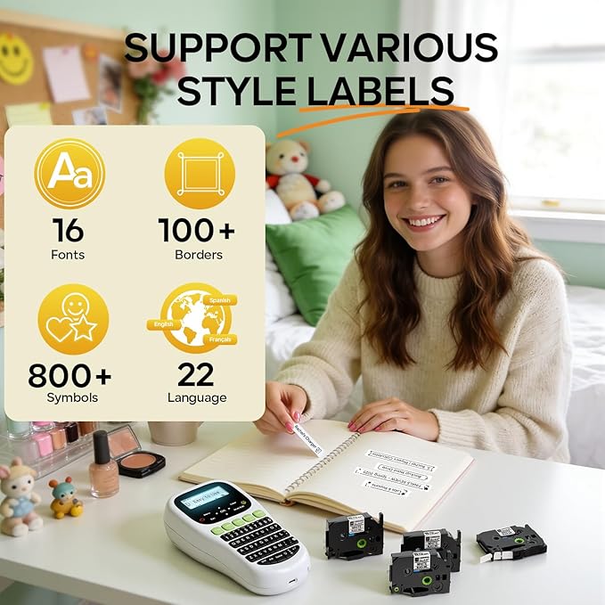Label Maker Machine with Tapes, Label Maker Bundle 4-Label Tapes Included, Label Maker with Backlit Screen & Waterproof-Labels Laminated, H1100 Handheld Portable Labeler Machine for Home Office Gifts