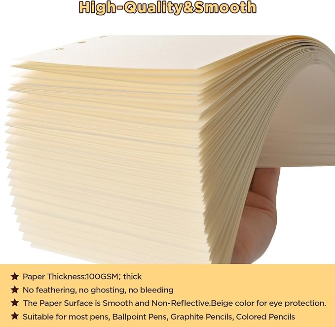 A6 6-Hole Blank Loose-Leaf Paper, Beige – Refill Pages for Standard A6 6-Ring Binder, Journals, Planners – Ideal for Office, Study, Recipes, Travel & Budgeting – Pack of 2 (80 Sheets per Pack)