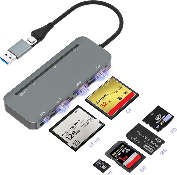 6 in 1 Memory Stick Pro Duo Card Reader, Memory Stick Pro Duo Adapter USB C for SD/TF/CF/MS/XD/Cfast Cards, SD Card Reader for iPhone, Tablet, Laptop, Windows, Android, Camera, Trail Camera