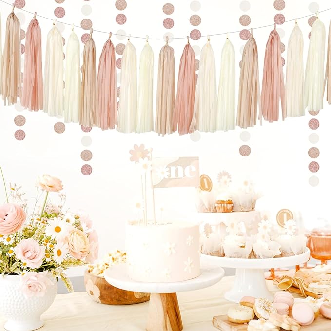 Champagne-Gold Beige Boho Baby-Shower Party-Decorations - 23pcs Fall Rustic Neutral Bridal Wedding Paper Tissue Pom Poms Streamers,Retro Tassel Garland,Girl Birthday Banner Decor Lasting Surprise