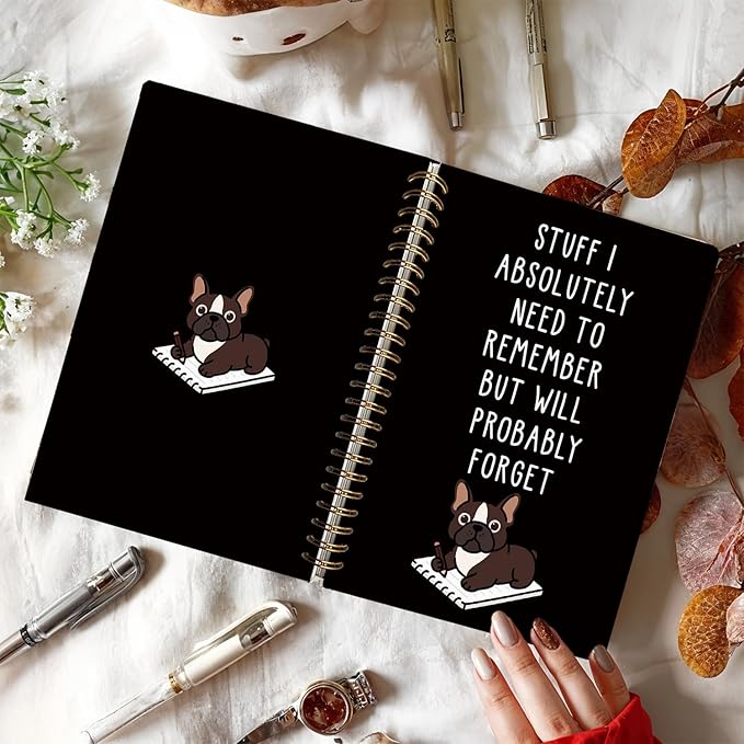 LIANGW Funny French Bulldog Notebook Journal Gifts for Women & Men, Frenchie Gifts for Women, for Coworkers, Black Hardcover Spiral Notebook 5.5x8.3 Inch