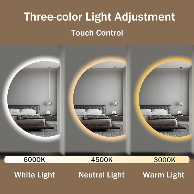Modern Smart Anti-Fog Bathroom Mirror with Lights, Half Moon LED Wall Mirror, 3 Colors Dimmable Makeup Vanity Mirror, Large Frameless Decorative Mirror for Living Room(Right Cut,51"x35")