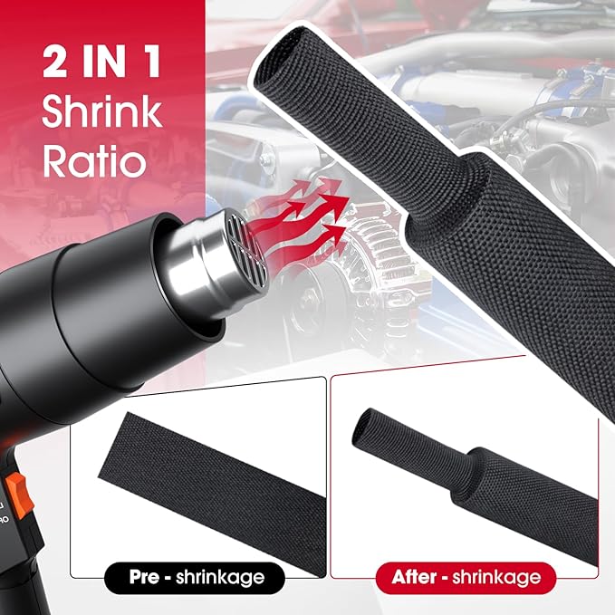 Black 2:1 Ratio Automotive Heat Shrink Braided Sleeving,Wear-Resistant Flat Woven Shrinkable Sleeve Fabric Car Cable Wires Hoses Protection (1-3/8"-19ft)