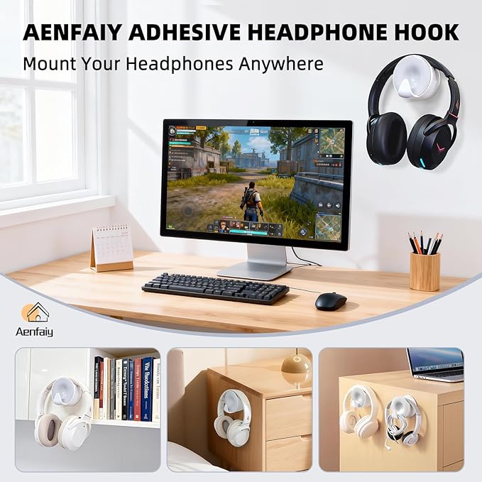 Aenfaiy Headphone Holder Wall Mounted, Under Desk Adhesive Headphone Hook, White Gaming Headset Stand Hanger for Desk with Cable Hook, Fits Slim On-Ear & Over-Ear Headphones| Headband Width Up to 30mm