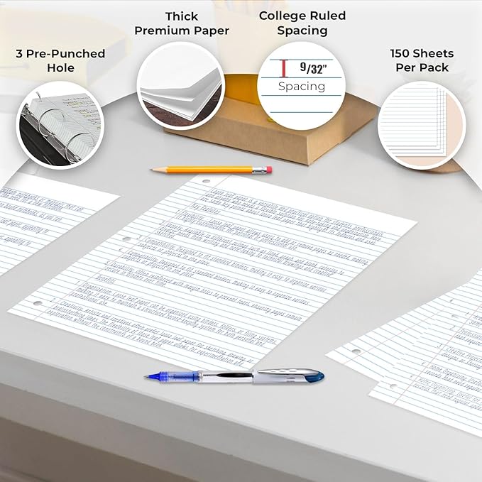 Rosmonde 1152 Pack (Pallet) Loose Leaf Paper Bulk, 172800 Sheets,College Ruled, Pallet of Filler Paper, 150 Sheets/Pack, 8 x 10.5",3 Hole Punched, 56 Gsm Thick Sheet, School & Office, 4-7 Days Transit