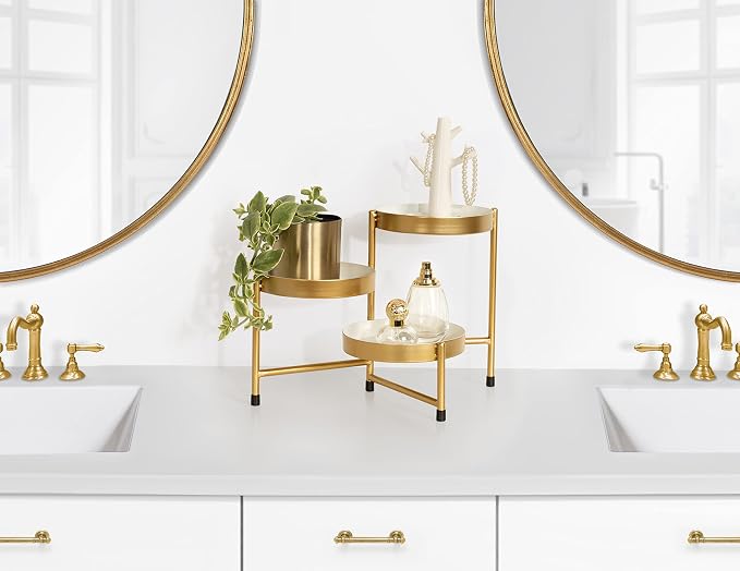 Kate and Laurel Finn 3-Tiered Plant Stand; 7.25 x 7.25 x 10; White and Gold; Decorative Layered Tabletop Plant Stand for Display and Storage