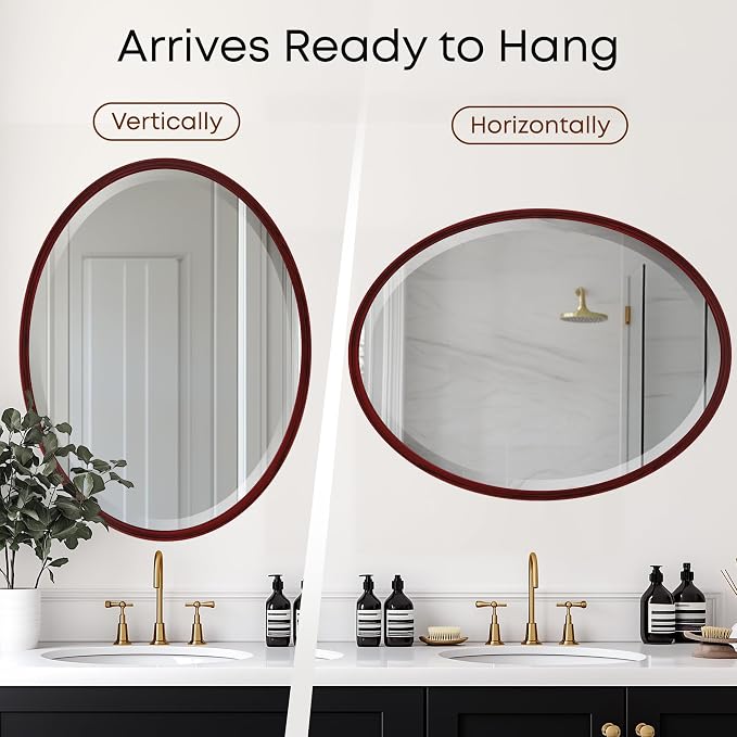 OVALCREST - Oval Wooden Beveled Wall Mirror for Home Decor, Bathroom, Vanity, Bedroom, Living Room, Hallway - London Style (Black Cherry) 17.1 x 13.1