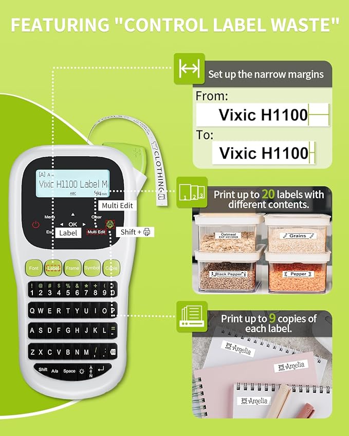 Vixic Label Maker Machine with-Tape, H1100 Handheld Label Maker Waterproof-Labels Portable Labeler Backlit Screen for Home School Office Organization Gifts, Multiple Fonts Symbols Borders Easy to Use