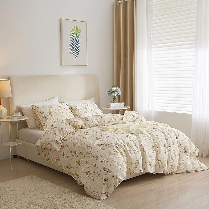 HighBuy Yellow Floral Comforter Set Queen Botanical Bedding Comforter Set for Queen Bed Women Girl Garden Bohemian Floral Comforter with 2 Pillowcases,Garden Style Bedding Sets