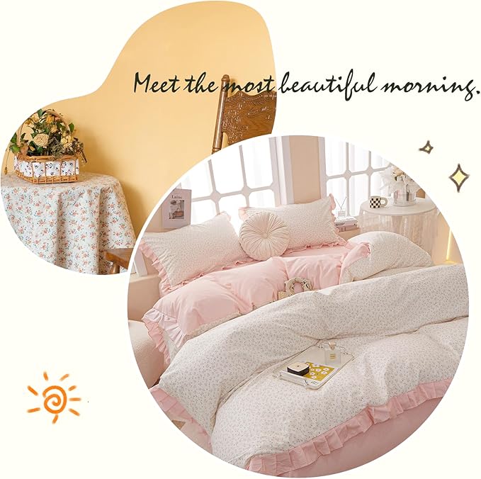 Pink Floral Duvet Cover King Chic Flower Print Ruffle Duvet Cover Cotton Lace Comforter Cover Country Style Floral Bedding Set Girls Ruffle Comforter Cover Flower king Duvet Cover with 2 Pillowcases