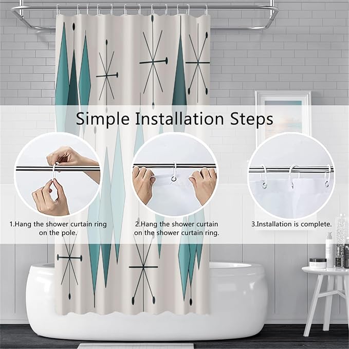 Mid Century Turquoise Shower Curtain Abstract Teal Diamond Geometric Atomic Starburst Pattern Beige Backdrop for 1950s Retro Bathroom Decor Shower Curtain Set with 12 Hooks, 72x84 Inches
