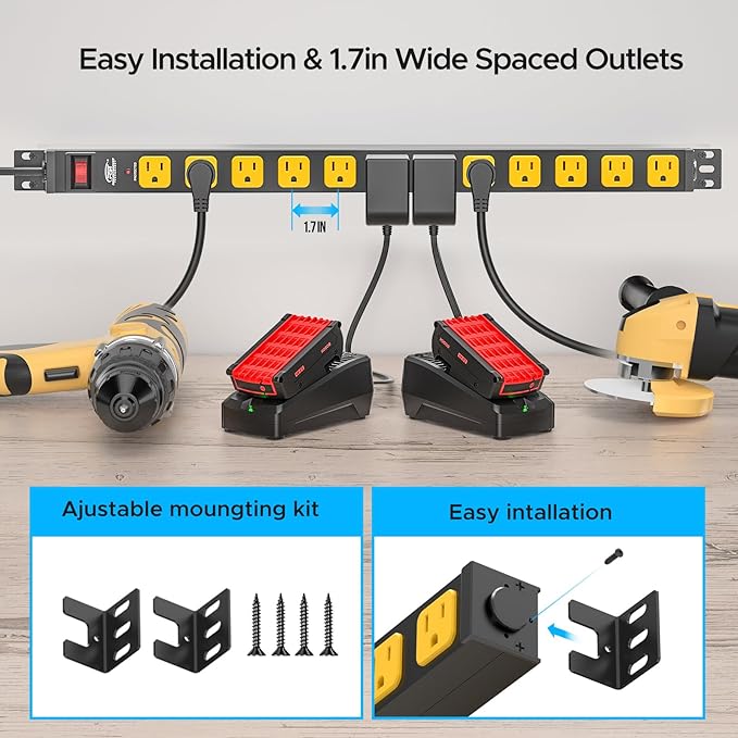 Mountable Long Power Strip, 2100 Joules Heavy Duty Surge Protector Power Strip, Slim Metal Power Bar with 6ft 14AWG Cord, 12-Outlet, ETL Listed,for Wall Mount, Under Desk, Garage, Workshop, and Office
