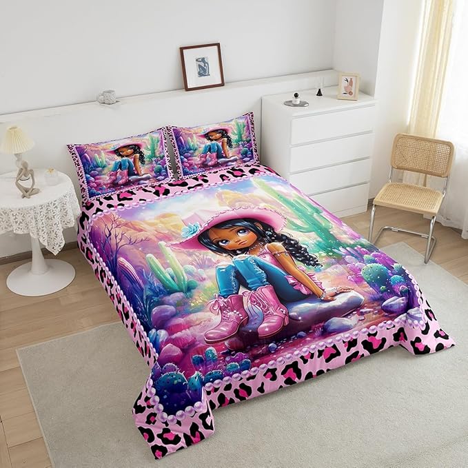 Western Cowgirl Comforter Set King Size,Reversible Cute Girl Cactus American Style Bedding Set All Season Quilt Set,African Pink Leopard Print Plaid Black Microfiber Polyester Down Comforter