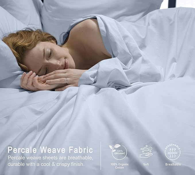 RUVANTI 100% Organic Cotton Sheets Twin XL, Percale Weave, GOTS Certified, 3-Piece Set, Deep Pocket 15", Crisp & Breathable, Soft Durable Bedding, Sábanas Algodón Orgánico – Arctic Ice