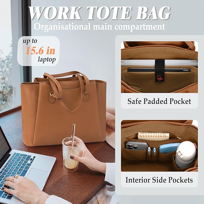 RAINSMORE Laptop Bag for Women 15.6 Inch Work Tote Bags Waterproof Computer Bags Leather Professional Laptop Purse Womens Laptop Briefcase Large Handbag for Office Teacher Travel, Brown