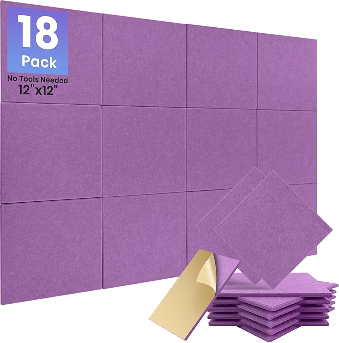 Focusound 18 Pack Sound Proof Panels for Walls, Self-Adhesive Acoustic Panels Sound Absorbing, 12" X 12" X 0.4" High Density Square Soundproof Wall Panels