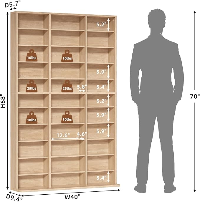 LELELINKY 11 Tier Tall Display Cabinet, Natural Media Storage Cabinet with Adjustable Shelves, Free Standing DVD Organizer Shelf, Multimedia Storage Manga Bookshelf for Living Room & Home Office.