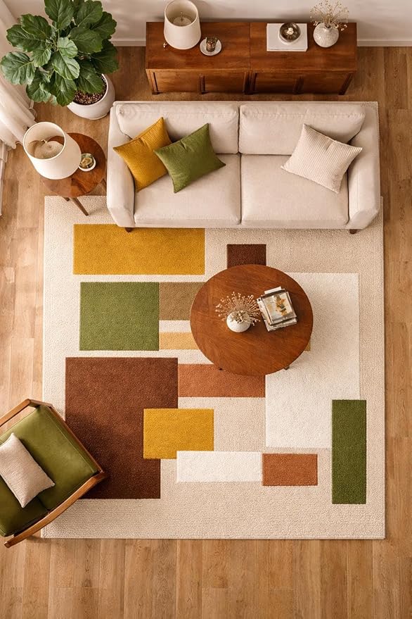 Hand Tufted Wool Geometric Rug-Mid-Century Modern Abstract Geometric Wool Earth Tone Green, Mustard & Terracotta Rug - Handmade Tufted Area Rug for Home Decor (8x10 Square Feet)