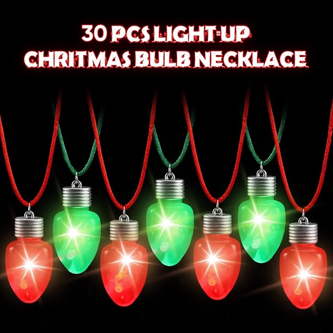 Yinkin 30 Pcs Christmas Light up Necklace for Adults Flashing Necklaces Christmas Accessory for Xmas Party Favors Stocking Stuffers Christmas Ornaments Decoration Party Supplies (Bulb)