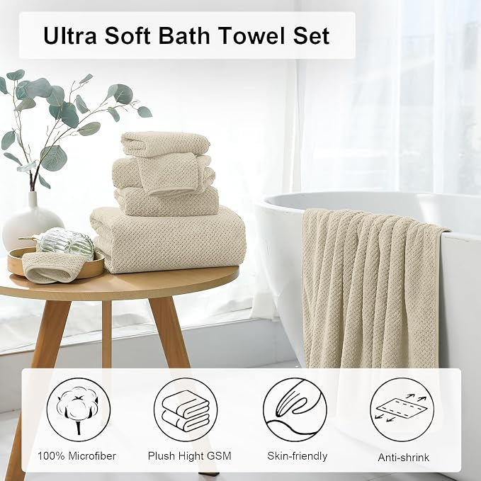 8 Piece Large Camel Family Bath Towel Set-2 Oversized Bath Towel Sheets,2 Hand Towels,4 Washcloths-600GSM Soft Highly Absorbent Quick Dry Beach Chair Towel Woven Towels for Bathroom Hotel and Spa