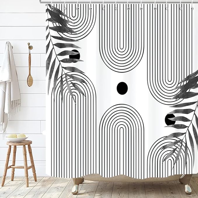 Boho Mid Century Modern Shower Curtain, Abstract Arch Leaf Minimalist Sun Black and White Machine Washable Waterproof Fabric for Bathroom Decor Bathtub with Hooks 72Wx84H