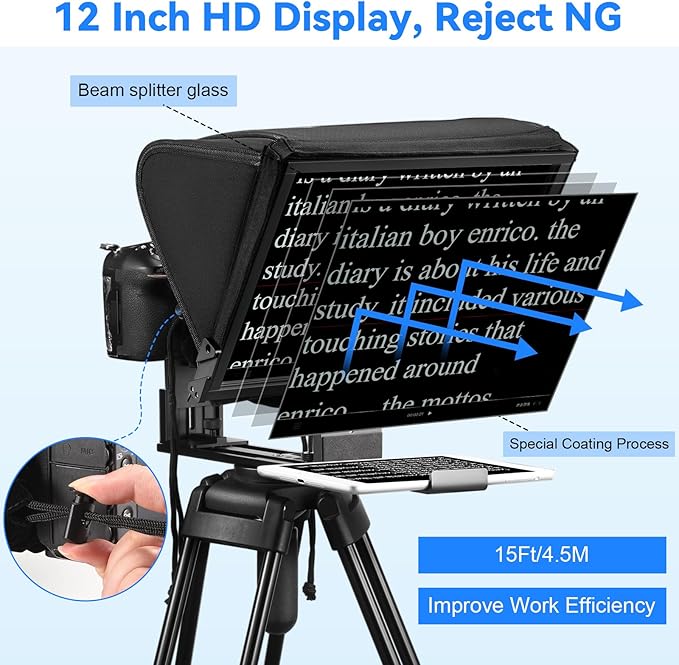 TX12P Teleprompter with Remote App Control, 14inch Metal Teleprompter，Compatible with iPad, Smartphone, DSLR Camera,Collapsible with Carry Case,Easy to Assemble