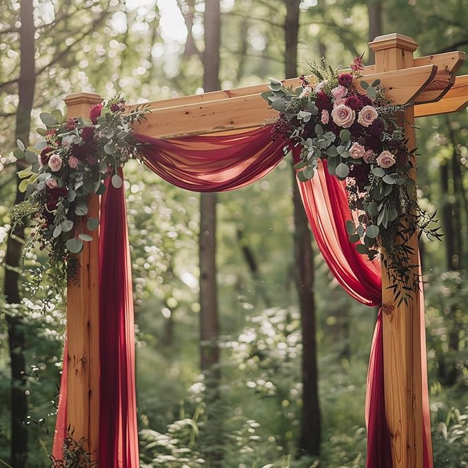 Wokceer Burgundy Wedding Arch Draping Fabric Backdrop 4 Panels 28.7" X 20FT Sheer Drapes Fabric for Wedding Arbor Ceremony Party