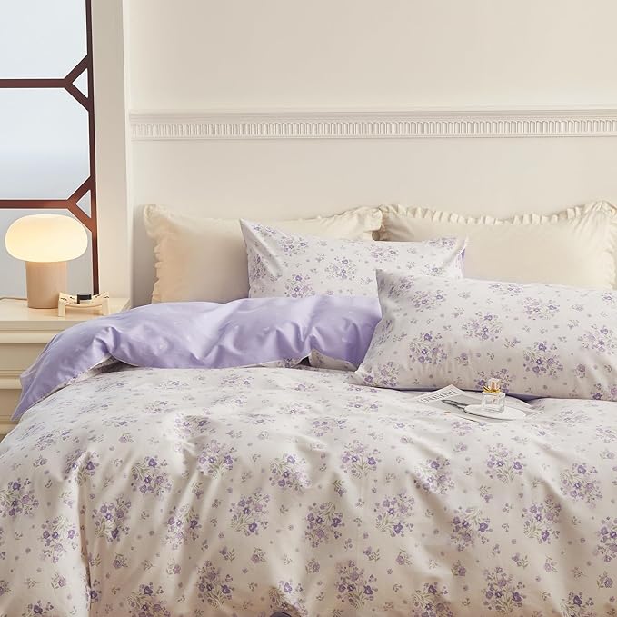 LifeTB Vintage Floral Comforter Set Queen Purple Flower Bedding Comforter for Queen Bed Boho Garden Floral Botanical Comforter with 2 Pillowcases Farmhouse Bedding Girls Floral Comfy Comforter Set