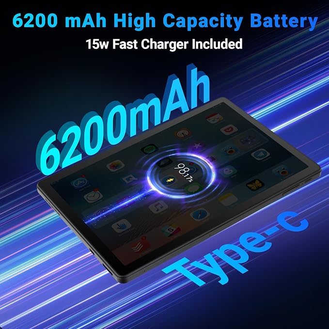 Tablet, 10 inch tablet Android 15 with Octa-core Processor, 30GB+128GB+1TB Expand, 6200mAh, 15W Fast Charge, 1280x800 HD IPS Screen, WiFi 6, BT 5.4, Dual Camera, Widevine L1 support, GMS Certified